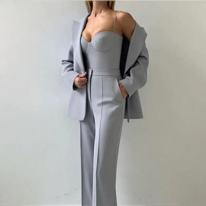 Women’s Corset Pantsuit 3-Piece Set – Blazer, Bustier & Straight-Leg Pants