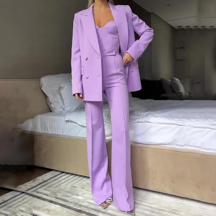 Women’s Corset Pantsuit 3-Piece Set – Blazer, Bustier & Straight-Leg Pants