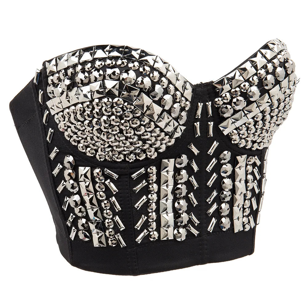 Women’s Grey Beaded Gem Bralette – Luxury Rave & Dance Top
