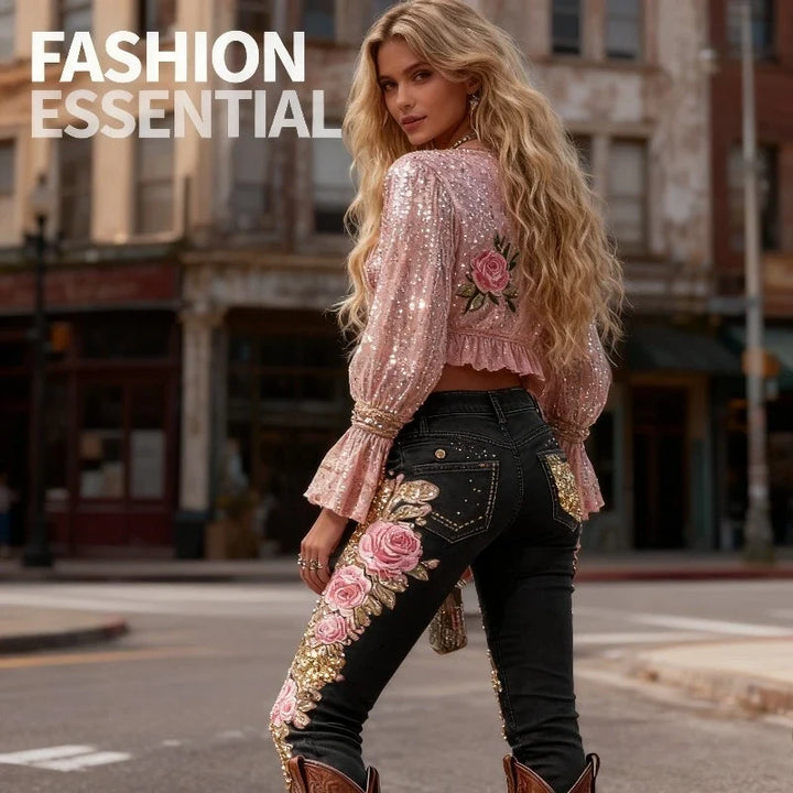 Women’s 3D Floral Straight-Leg Stretch Jeans
