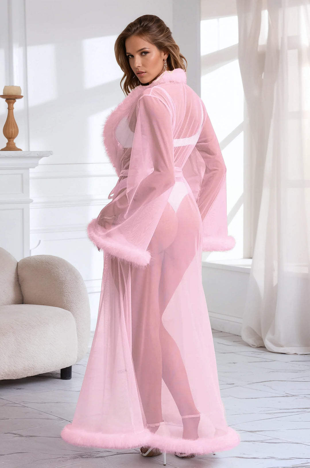 Sexy Mesh Robe with Faux Fur Trim – Luxury Sheer Loungewear
