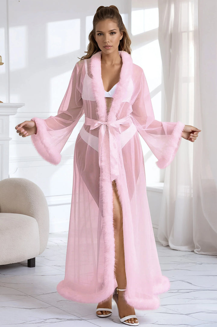 Sexy Mesh Robe with Faux Fur Trim – Luxury Sheer Loungewear
