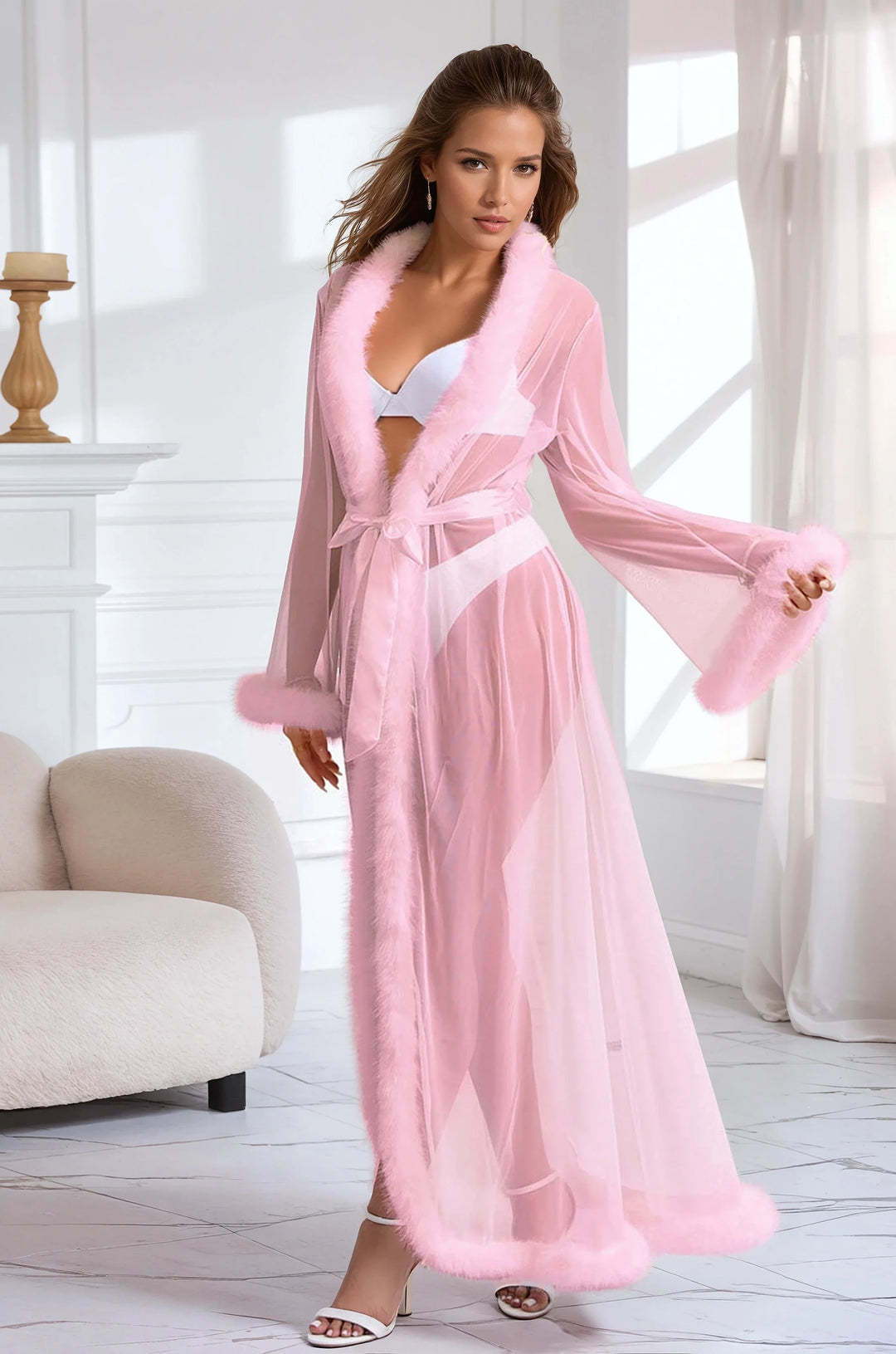 Sexy Mesh Robe with Faux Fur Trim – Luxury Sheer Loungewear