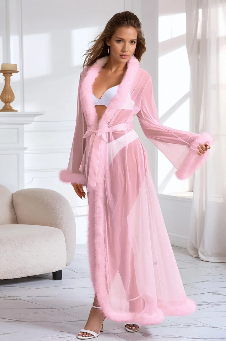 Sexy Mesh Robe with Faux Fur Trim – Luxury Sheer Loungewear