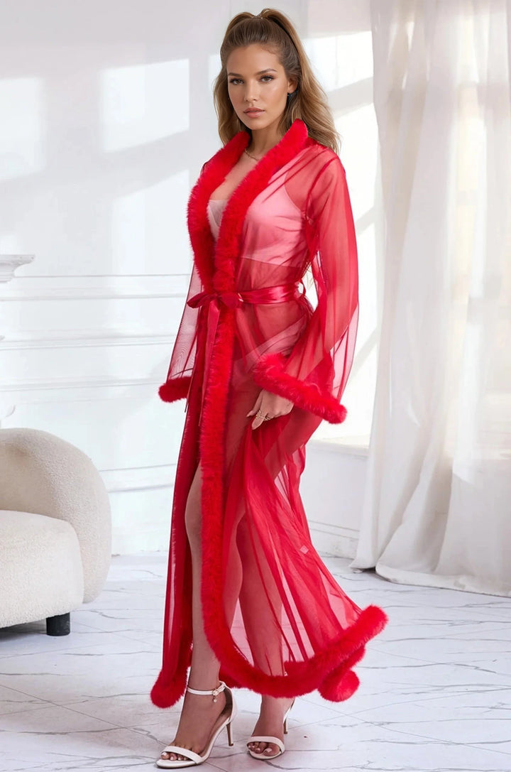 Sexy Mesh Robe with Faux Fur Trim – Luxury Sheer Loungewear