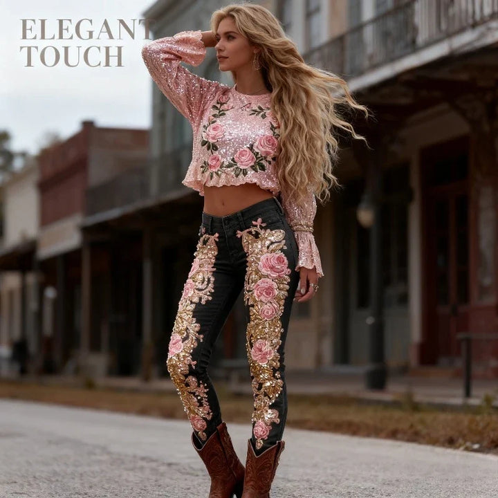Women’s 3D Floral Straight-Leg Stretch Jeans