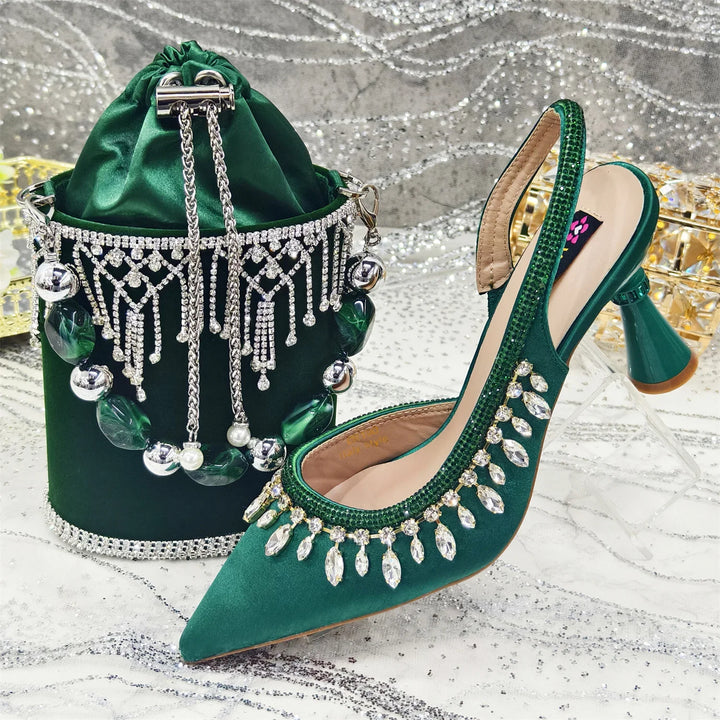 Women's Green Heels & Matching Bag Set ED-67 – Pointed Toe Slingbacks