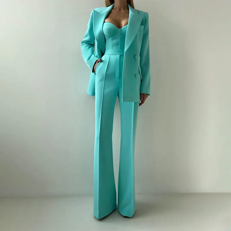Women’s Corset Pantsuit 3-Piece Set – Blazer, Bustier & Straight-Leg Pants