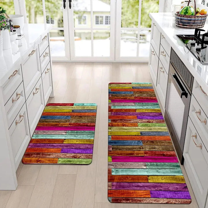 Rainbow Wood Kitchen Floor Mats | Non-Slip Laundry & Bathroom Rugs