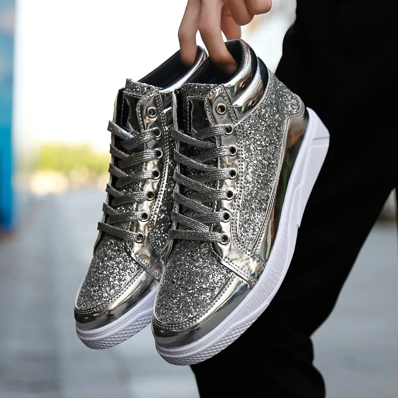 Men’s Glitter High-Top Sneakers – Shiny Party & Stage Shoes