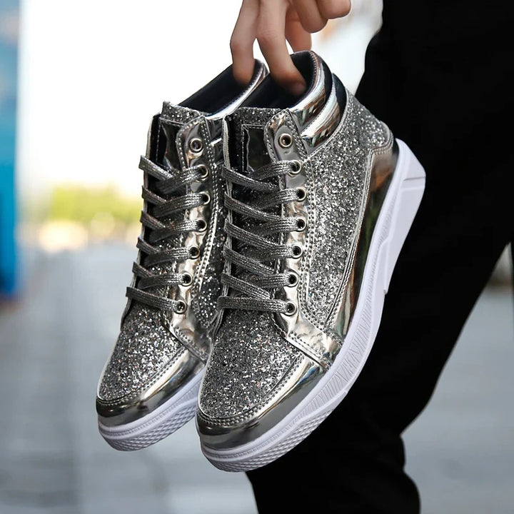 Men’s Glitter High-Top Sneakers – Shiny Party & Stage Shoes