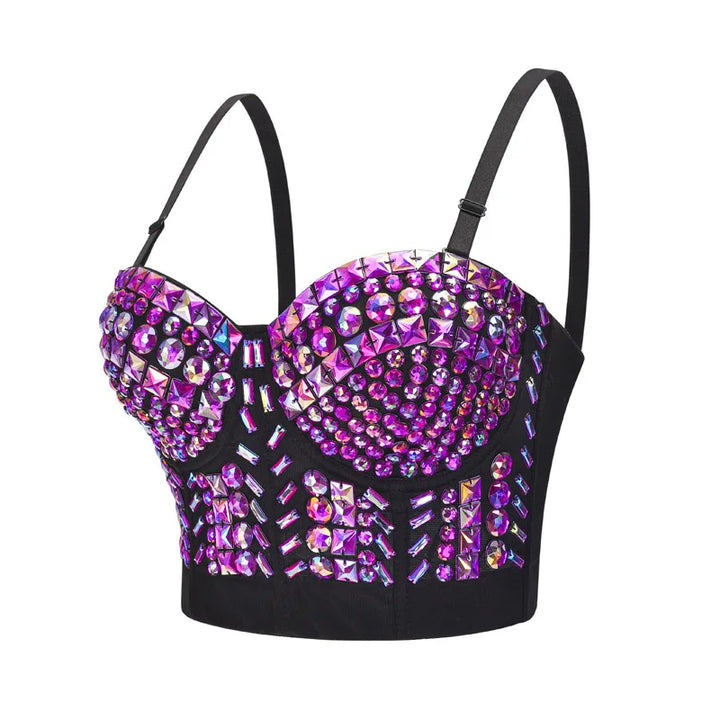 Women’s Grey Beaded Gem Bralette – Luxury Rave & Dance Top