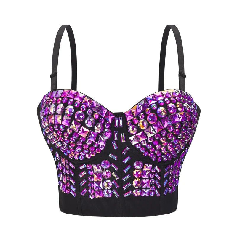 Women’s Grey Beaded Gem Bralette – Luxury Rave & Dance Top