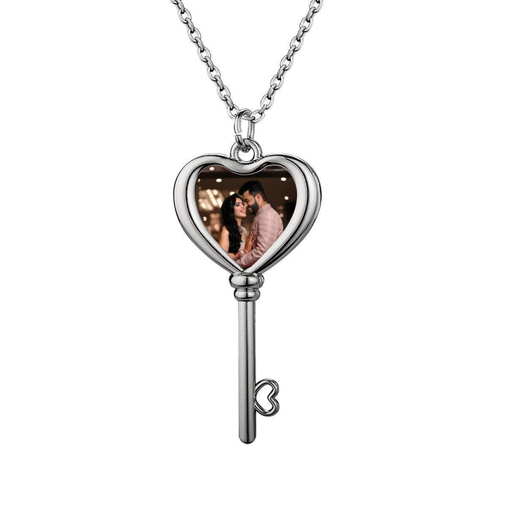 Custom Photo Heart and Key Necklace with Pendant
