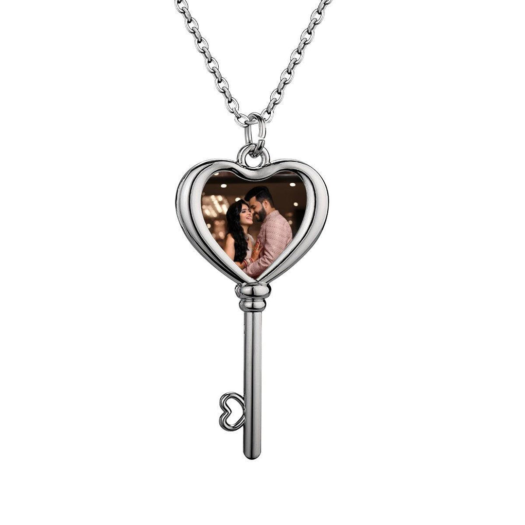 Custom Photo Heart and Key Necklace with Pendant