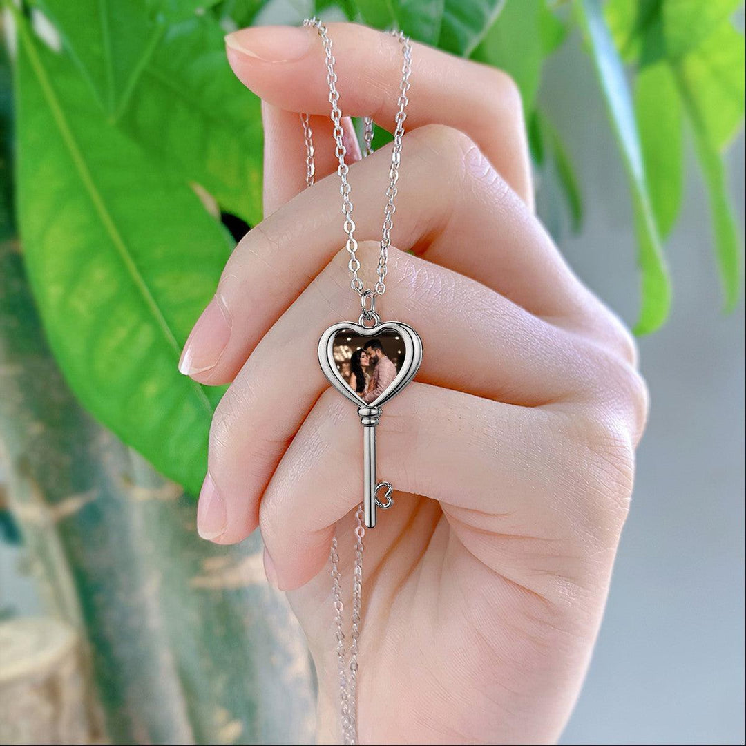 Custom Photo Heart and Key Necklace with Pendant