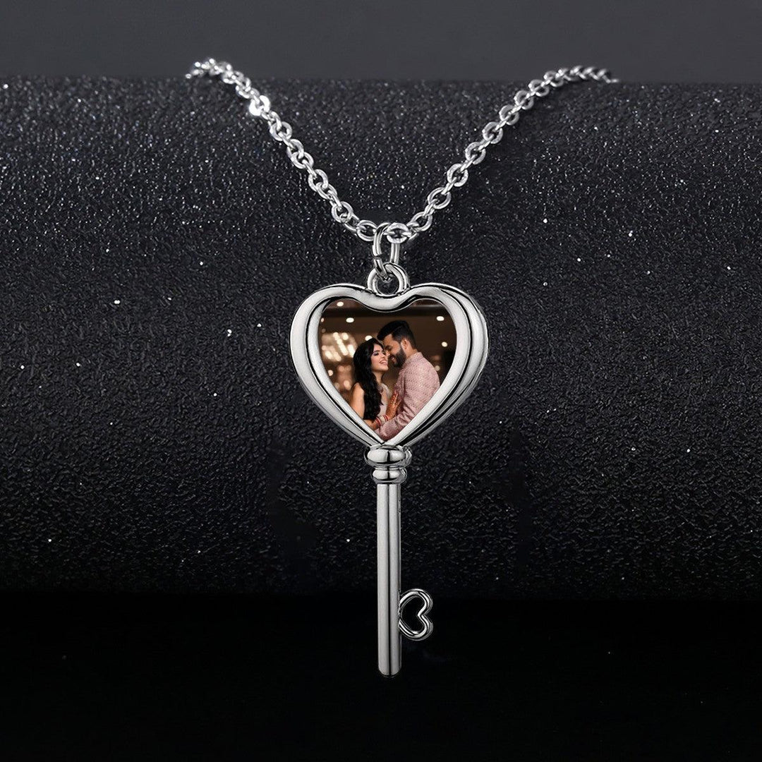 Custom Photo Heart and Key Necklace with Pendant