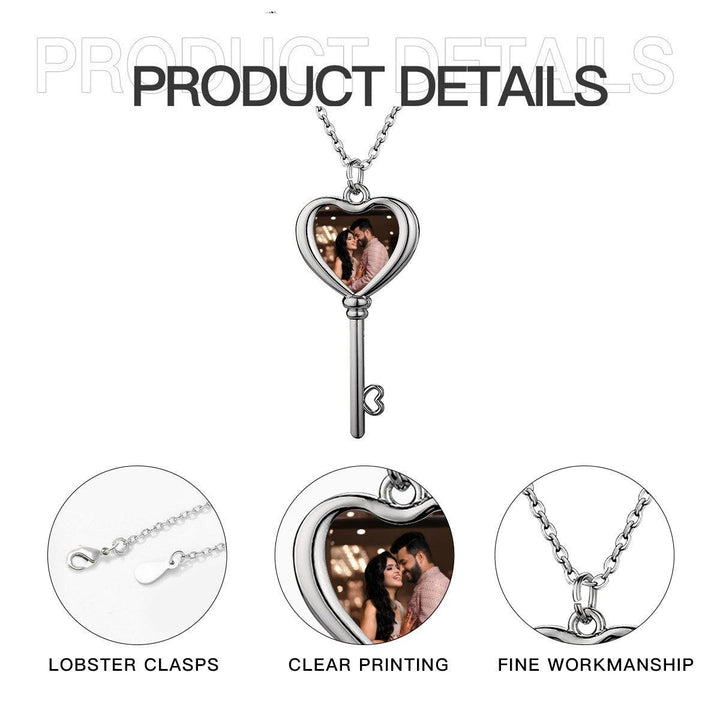 Custom Photo Heart and Key Necklace with Pendant