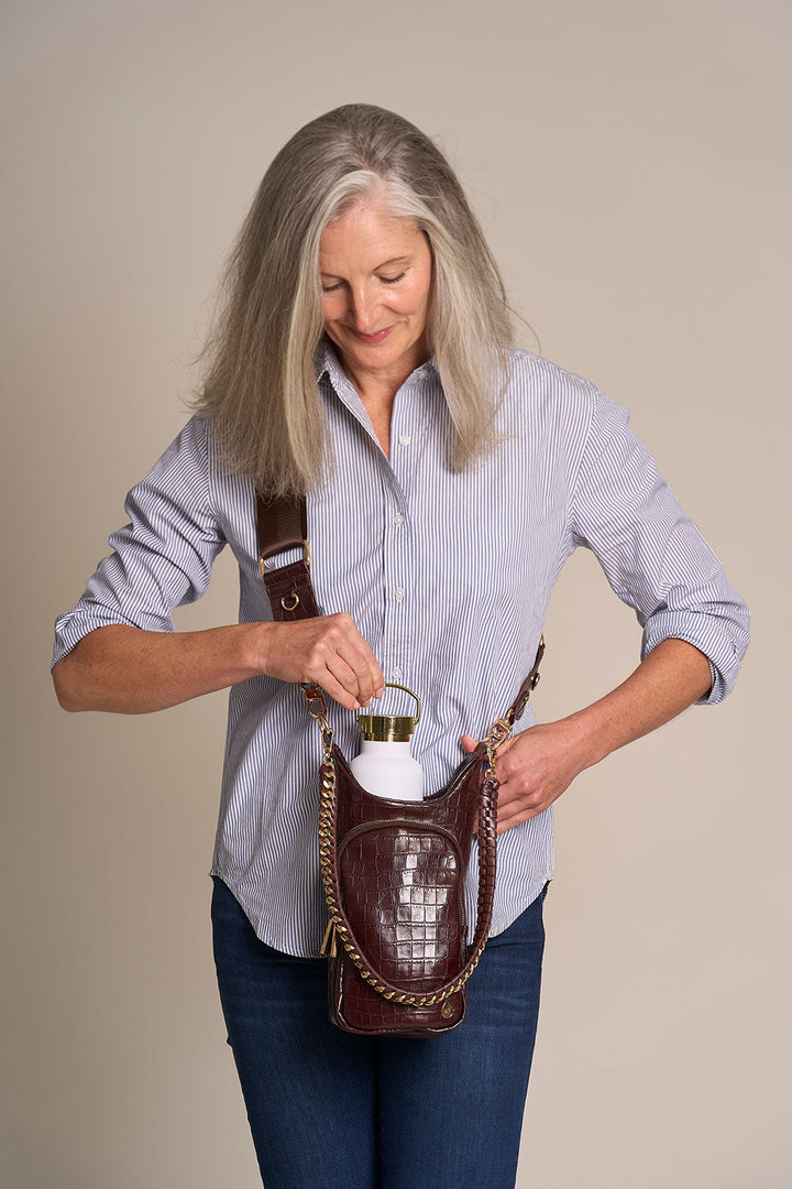 Merlot Faux Croc Water Bottle Crossbody Bag | HydroBag®