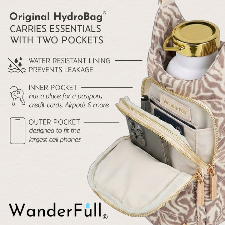 Natural Zebra Print Linen HydroBag® | Water Bottle Crossbody