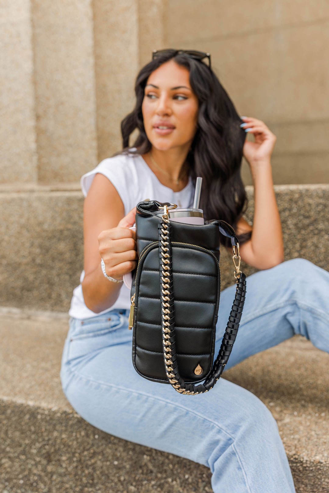 HydroBag® Handle Black Vegan Leather | Tumbler Crossbody Bag