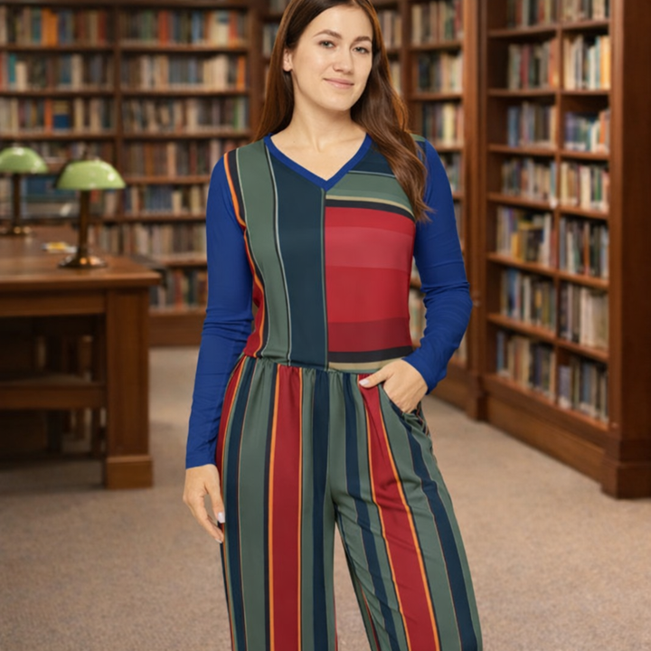 Striped Colorblock V-Neck Long Sleeve Shirt — Women's Stylish Casual Top