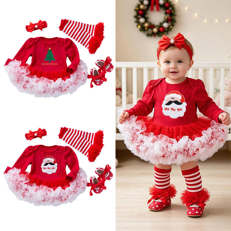 Baby Christmas Romper Dress with Red Tulle 4-Piece Set