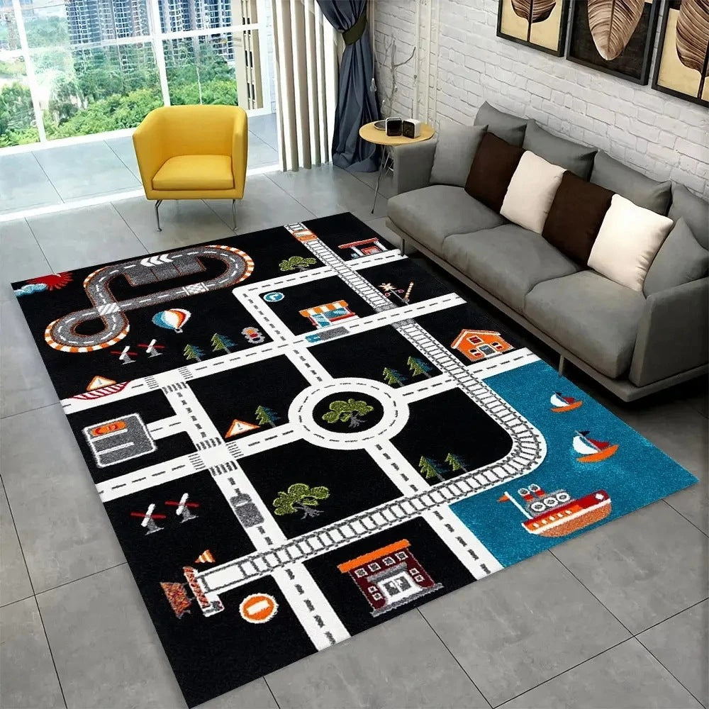 Kids’ Racing Track Flannel Playroom Rug