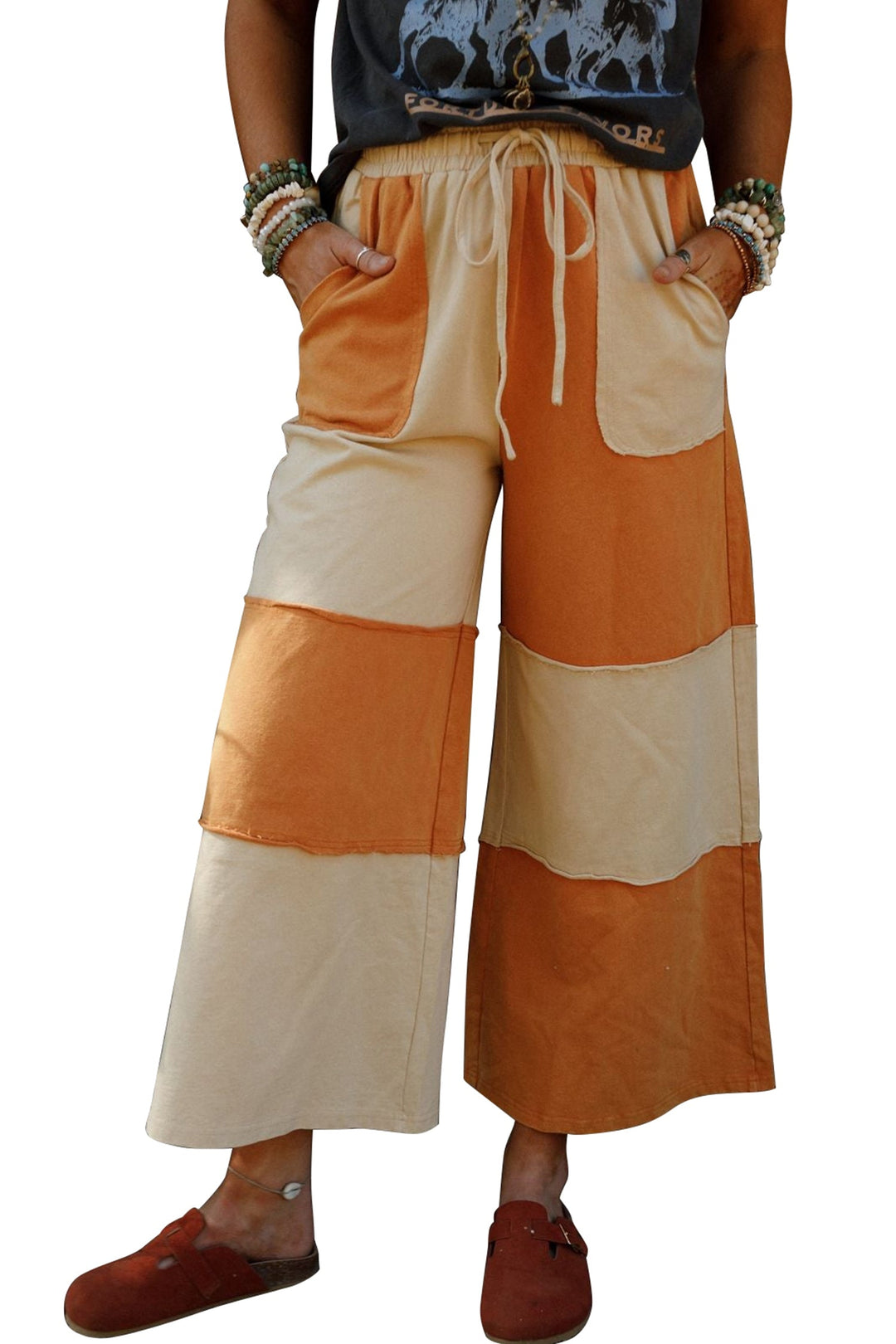 Women’s Russet Orange Colorblock Wide-Leg Cropped Pants