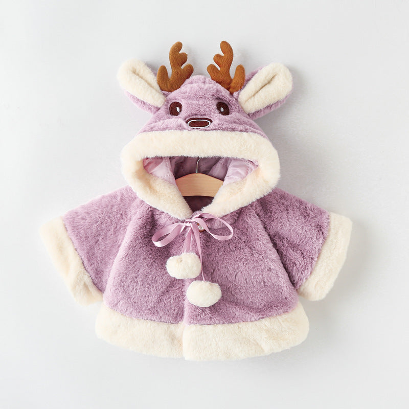 Girls’ Thick Fleece Hooded Cape – Cute Cartoon Winter Poncho