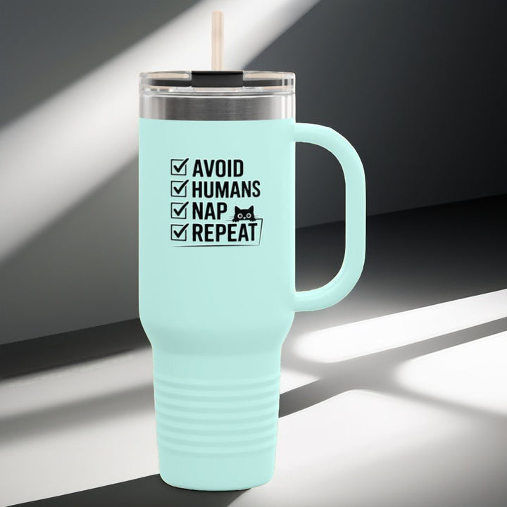 Funny Insulated Travel Mug - Avoid Humans Nap Repeat - 40oz, Coffee Cup, Gift for Introverts, Travel Mug, Holiday Present