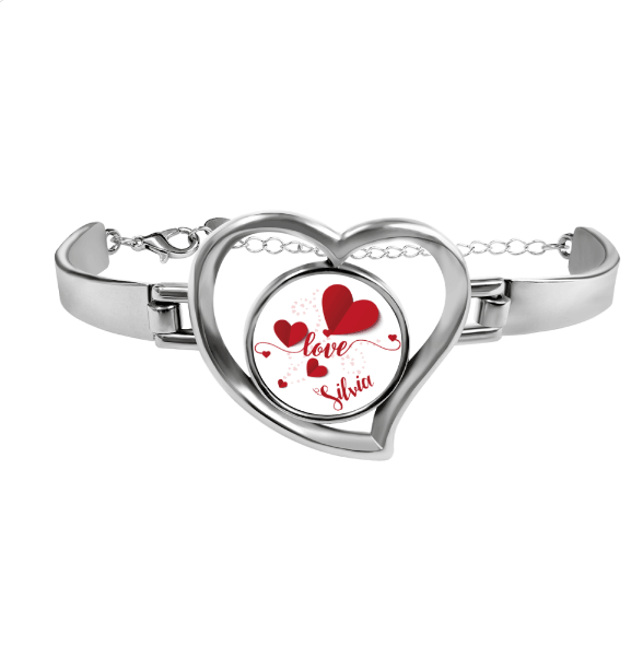 Personalized Name Heart Bangle Bracelet in Silver