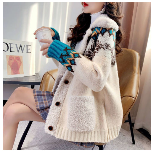 Korean-Style Relaxed-Fit Lambswool-Style Coat for Women