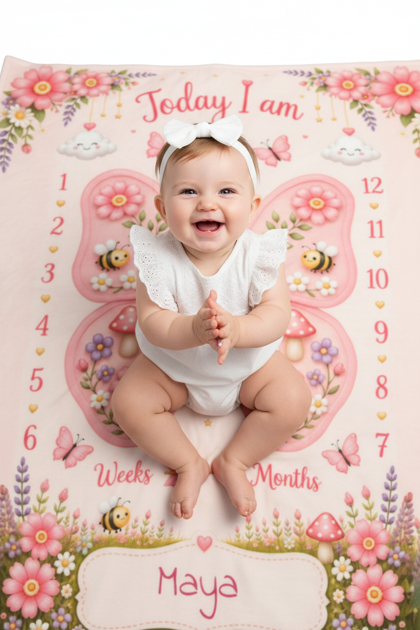 Personalized Butterfly Baby Milestone Photo Blanket