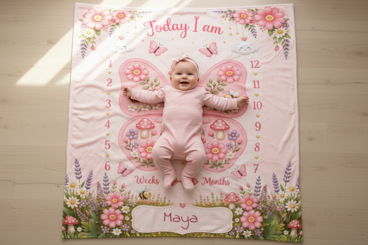 Personalized Butterfly Baby Milestone Photo Blanket