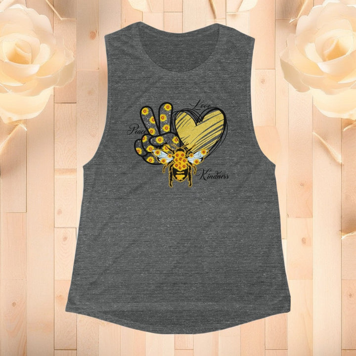 Women's Flowy Scoop Muscle Tank - Peace, Love, Bee