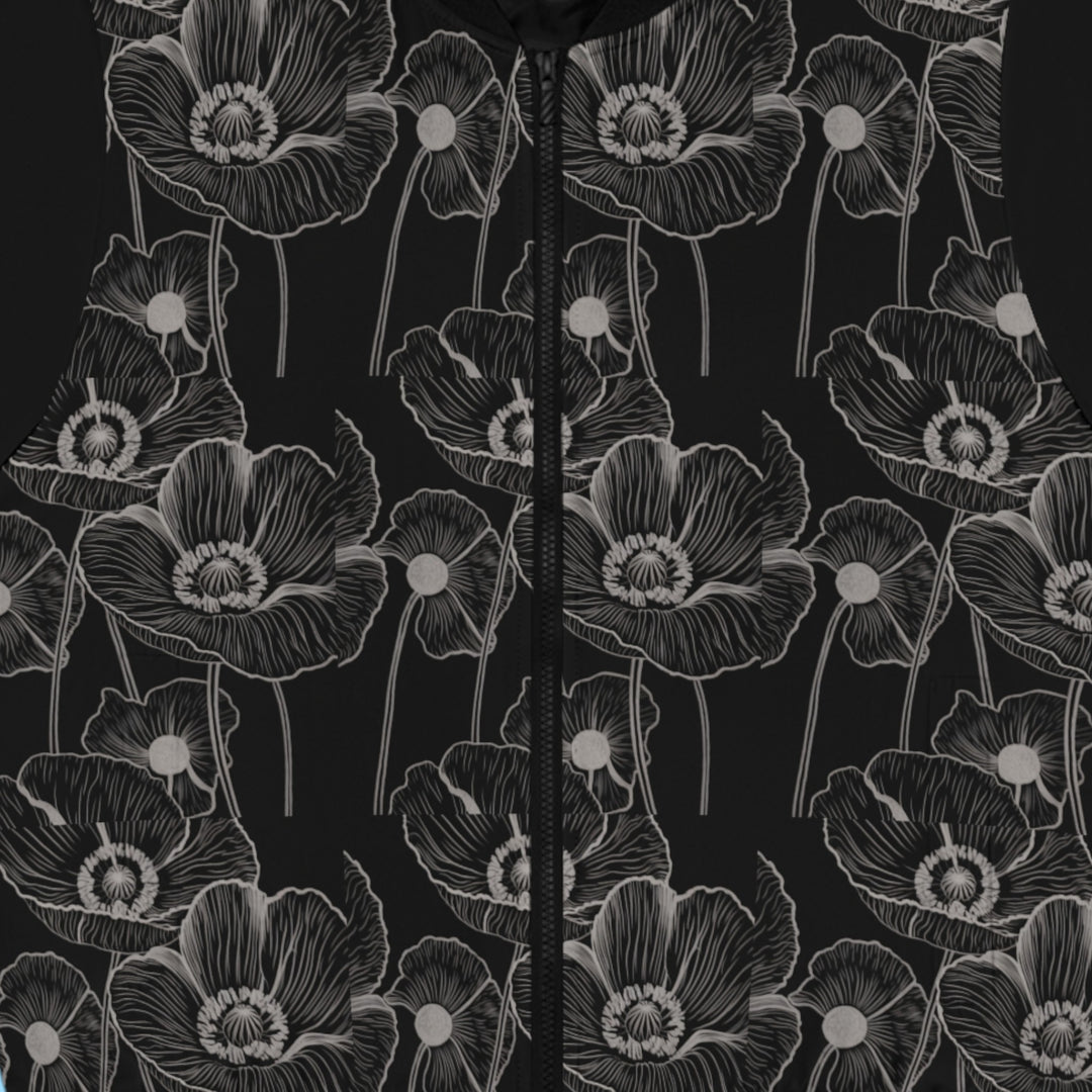 Women's Bomber Jacket - Black and White Flowers