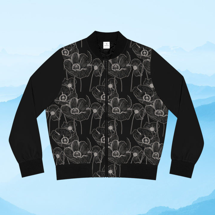 Women's Bomber Jacket - Black and White Flowers