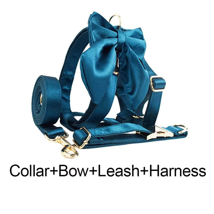 Blue Green Satin Personalized Dog Harness & Leash Set