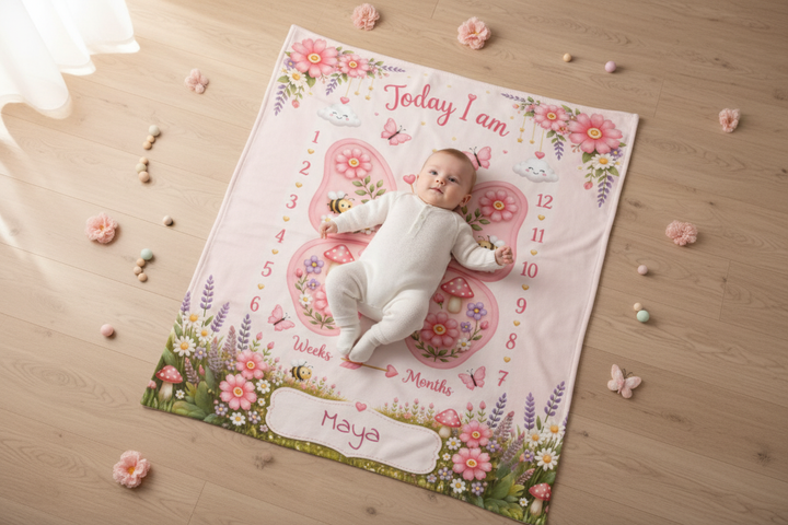 Personalized Butterfly Baby Milestone Photo Blanket