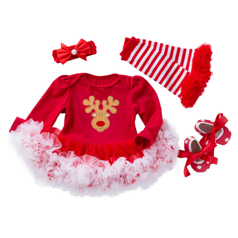 Baby Christmas Romper Dress with Red Tulle 4-Piece Set