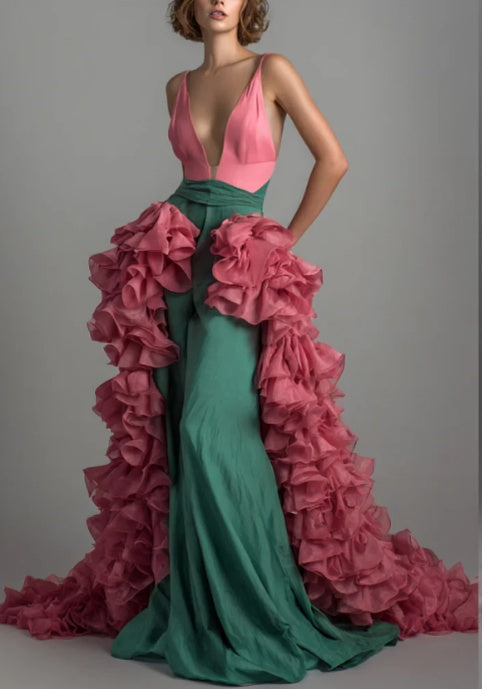 Two-Tone Deep V Gown with Detachable Ruffle Train