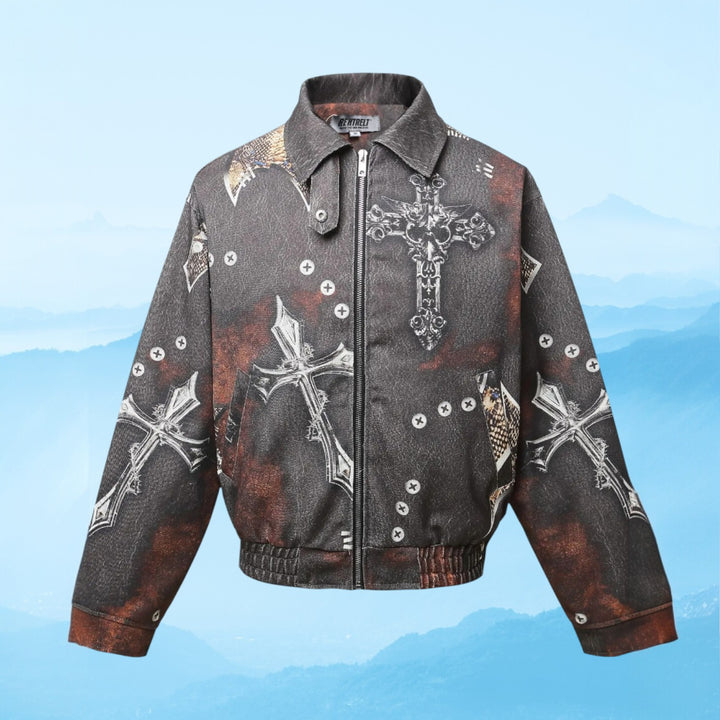 Men's Gothic Cross Print Distressed Denim Jacket
