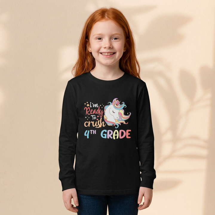 Unicorn Back-to-School Long Sleeve Tee, Youth T-Shirt, 4th Grade, Kids Apparel, Unicorn Lover Gift, Cute School Tee