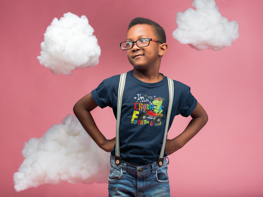 Youth Dinosaur Truck Tee Fourth Grade - Fun, Playful Kids Shirt, Perfect for Birthdays