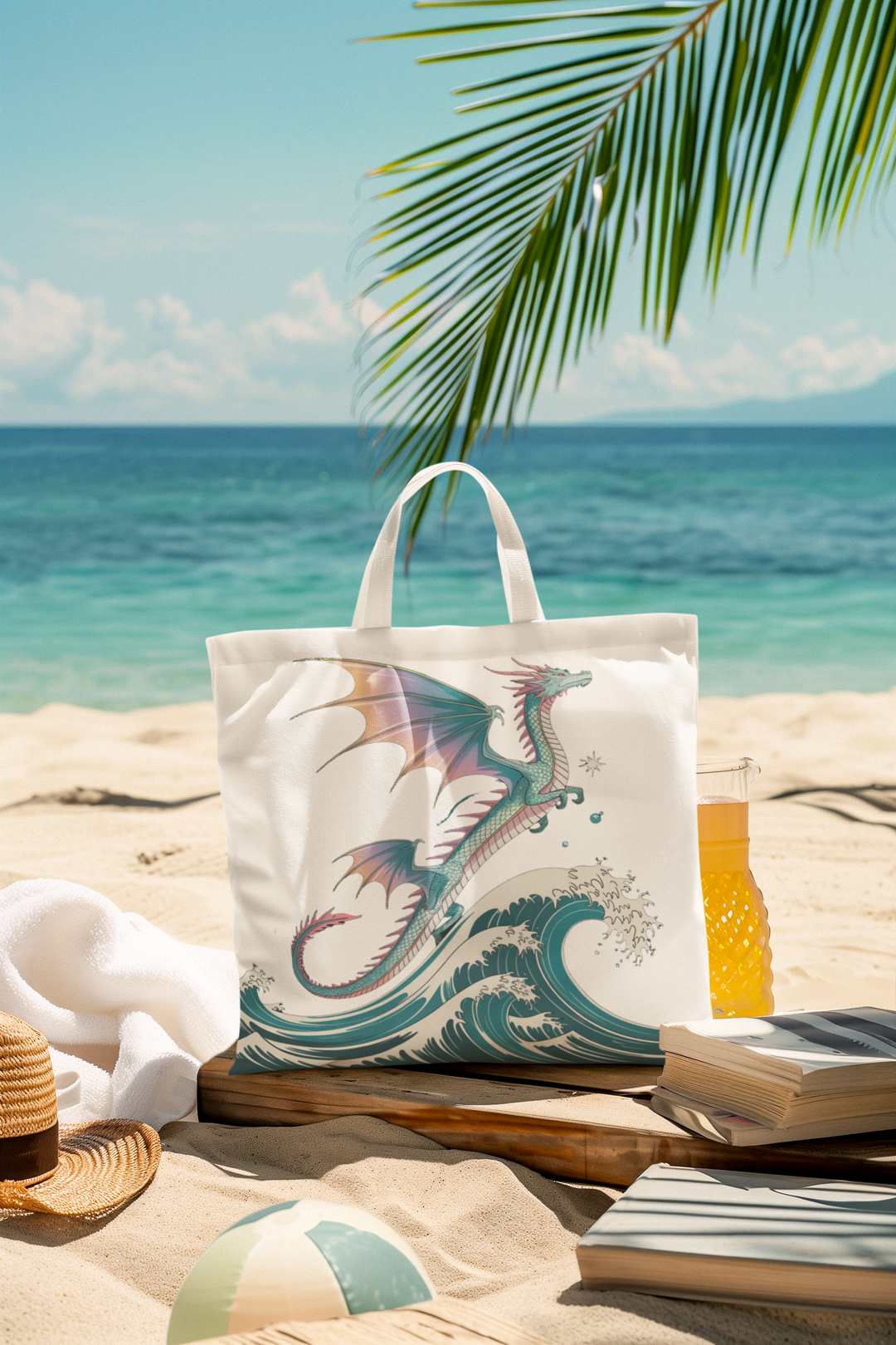 Dragons and Waves Tote Bag, Dragon Lovers Gift