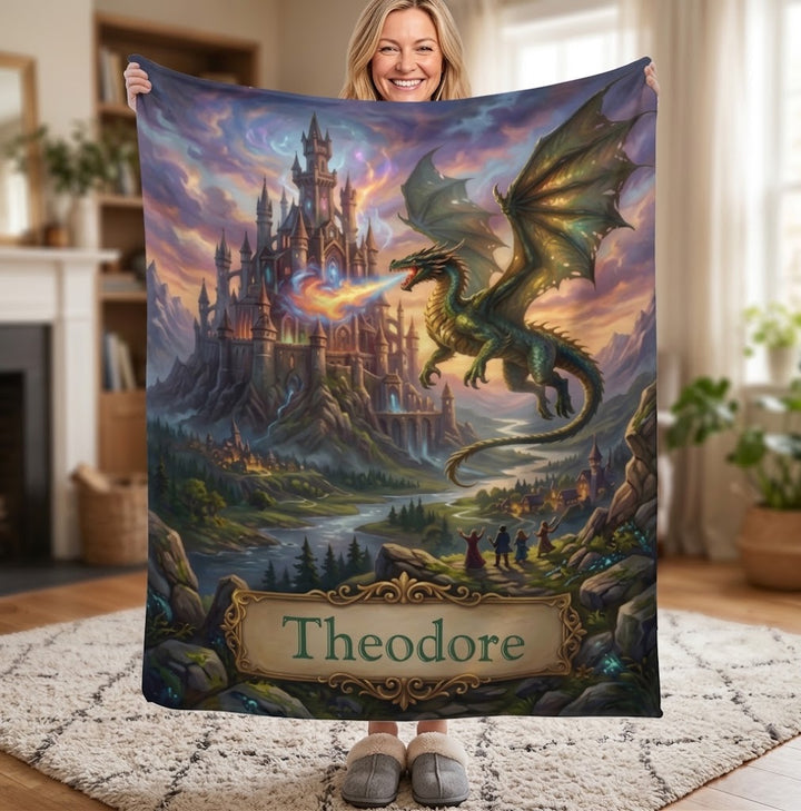 Personalized Dragon Castle Blanket – Custom Name Fantasy Throw