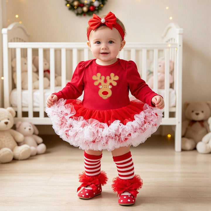 Baby Christmas Romper Dress with Red Tulle 4-Piece Set