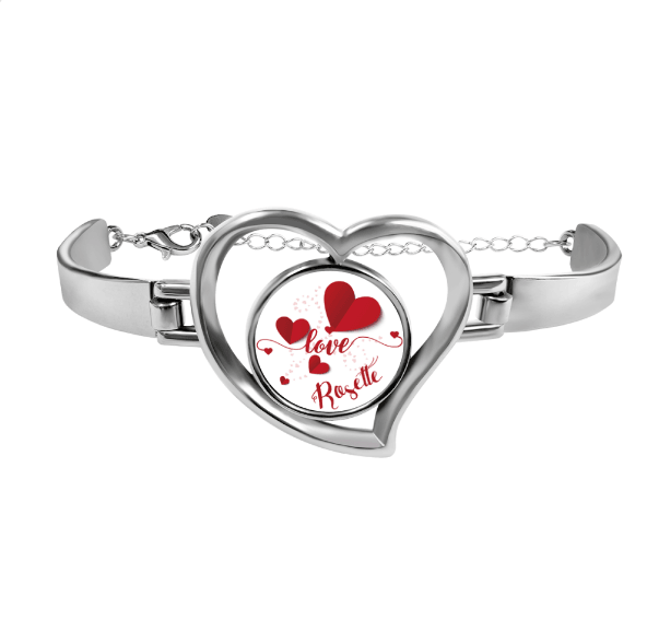 Personalized Name Heart Bangle Bracelet in Silver