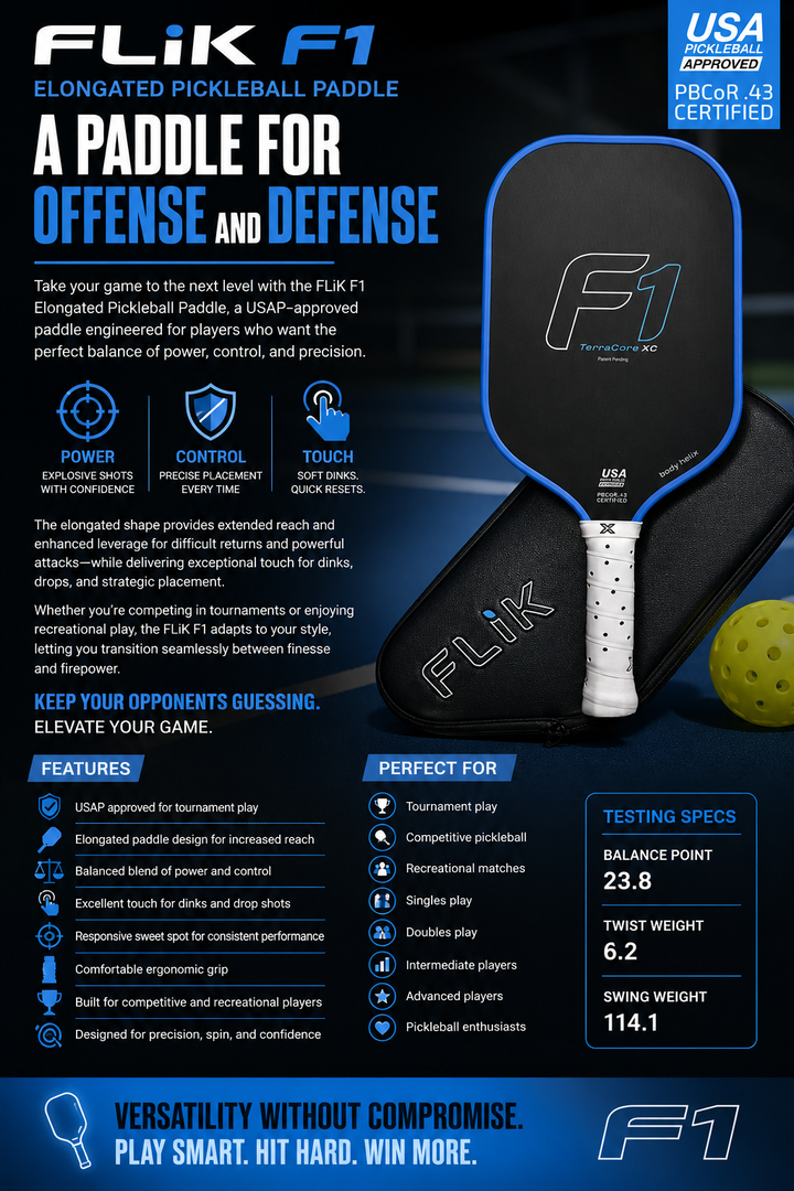 FLiK F1 Elongated Pickleball Paddle – USAP Approved Performance Paddle